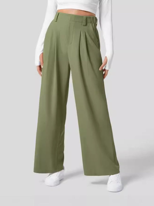 Women's High-Waisted Waffle Wide-Leg Work Trousers with Side Pockets