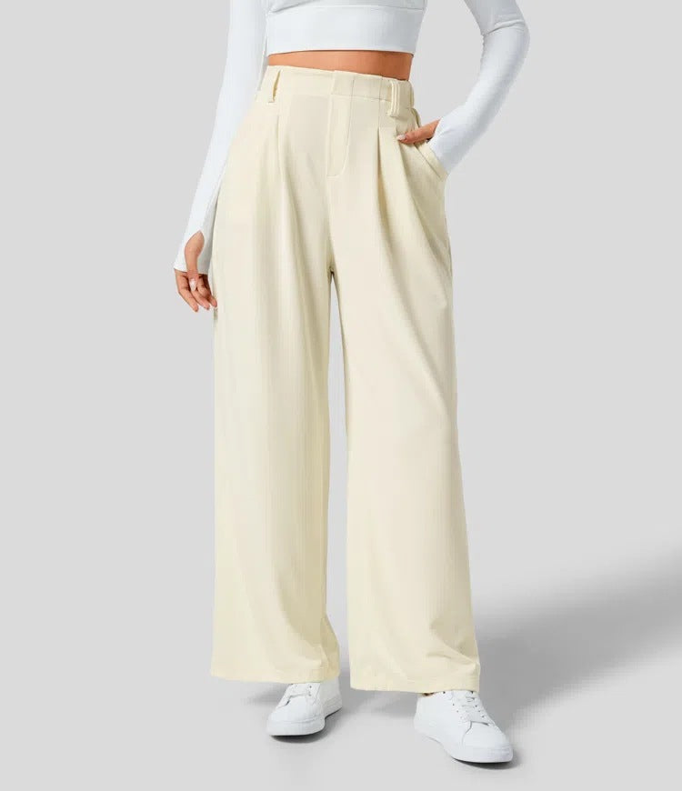 Women's High-Waisted Waffle Wide-Leg Work Trousers with Side Pockets – Comfy Casual Fit, Tummy Flattering Design, Ideal for Holiday Outfits 2025