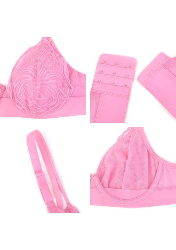 Linear Plus Size Lace Sheer Mesh Full Coverage Adjustable Straps Unlined Underwire Bra