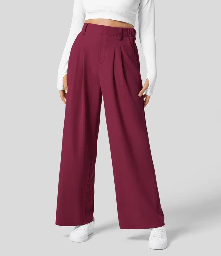 Women's High-Waisted Waffle Wide-Leg Work Trousers with Side Pockets – Comfy Casual Fit, Tummy Flattering Design, Ideal for Holiday Outfits 2025
