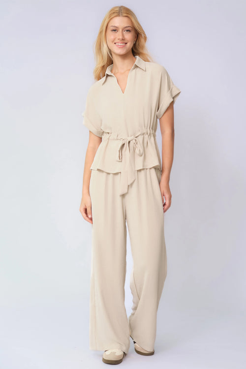 Versatile Collared Rolled-Up Short Sleeve Top & Wide Leg Trousers Co-ord