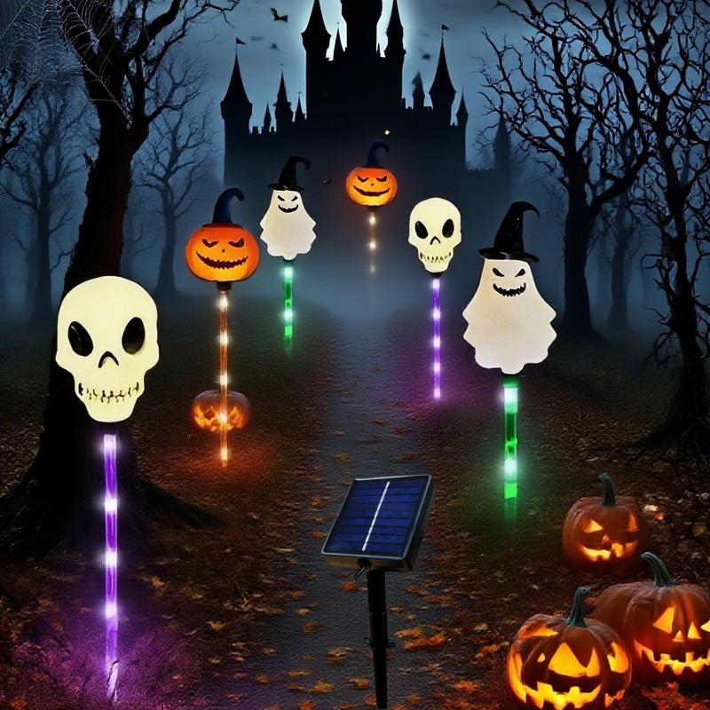 6 Halloween Solar Pumpkin and Skull Ground Plug Lights