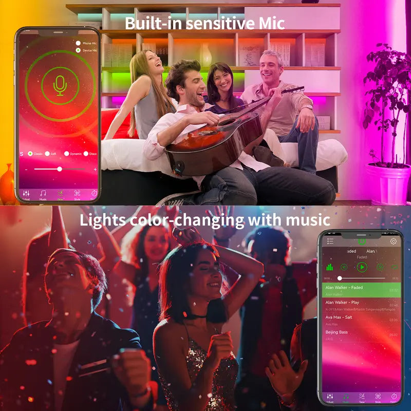 🎶 200FT RGB Music Sync LED Strip | Bluetooth APP Remote for Bedroom Ambiance