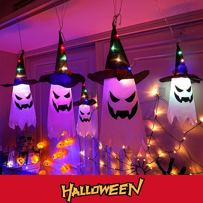 🎃 5-Pack LED Ghost Lantern String Lights | Spooky Halloween Hanging Decor
