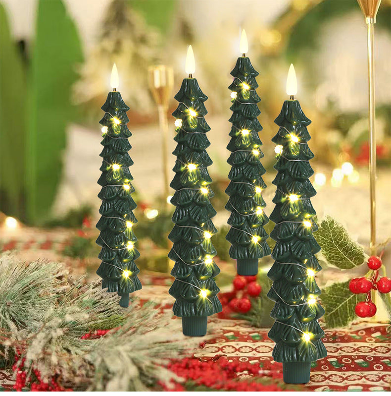 LED Green Tree Taper Candle Stick Set