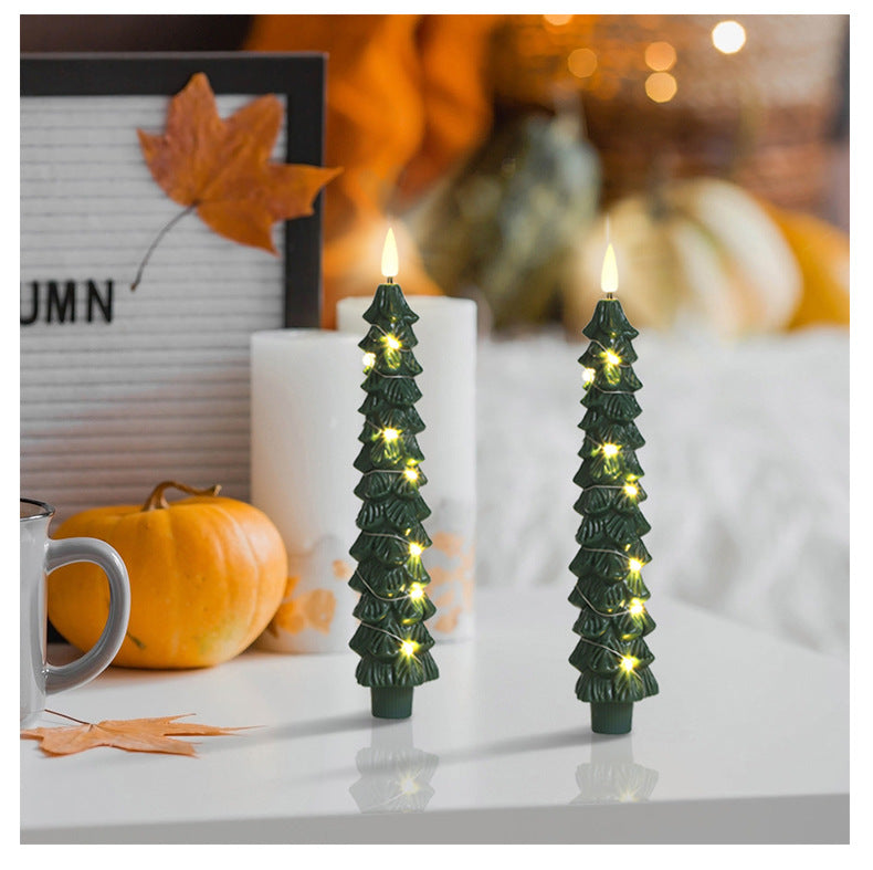 LED Green Tree Taper Candle Stick Set