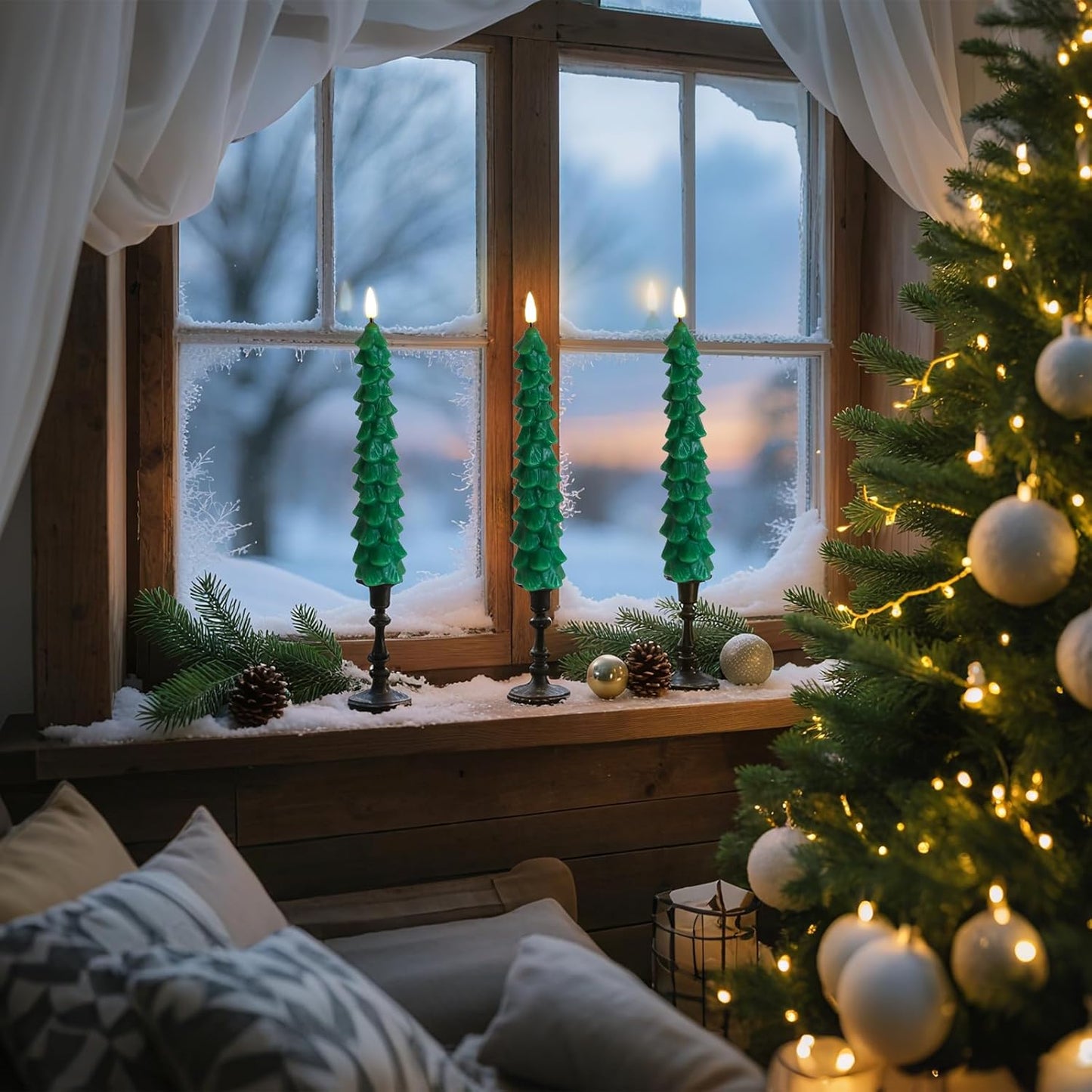 LED Green Tree Taper Candle Stick Set