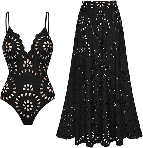 🩱Women's One Piece Bathing Suit Petal Hollow V Neck Swimsuit and Skirt