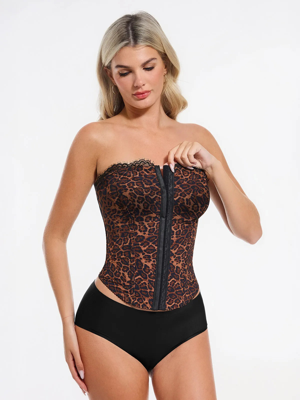 Bracurve X Angela Shapewear Sculpting Leopard Mesh Detachable Strap Corset Top