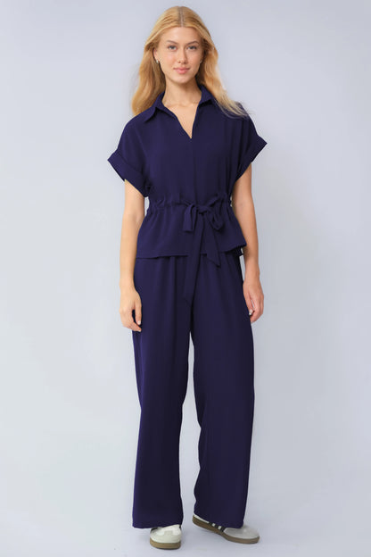 Versatile Collared Rolled-Up Short Sleeve Top & Wide Leg Trousers Co-ord