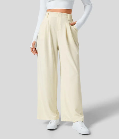 Women's High-Waisted Waffle Wide-Leg Work Trousers with Side Pockets – Comfy Casual Fit, Tummy Flattering Design, Ideal for Holiday Outfits 2025