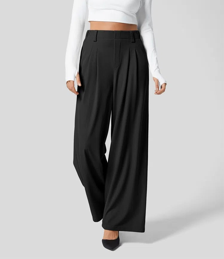 Women's High-Waisted Waffle Wide-Leg Work Trousers with Side Pockets – Comfy Casual Fit, Tummy Flattering Design, Ideal for Holiday Outfits 2025