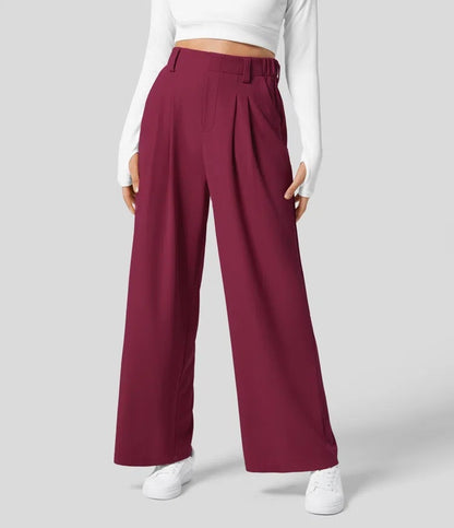 Women's High-Waisted Waffle Wide-Leg Work Trousers with Side Pockets – Comfy Casual Fit, Tummy Flattering Design, Ideal for Holiday Outfits 2025