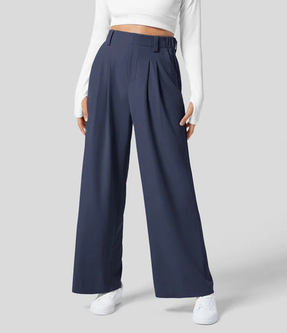 Women's High-Waisted Waffle Wide-Leg Work Trousers with Side Pockets – Comfy Casual Fit, Tummy Flattering Design, Ideal for Holiday Outfits 2025