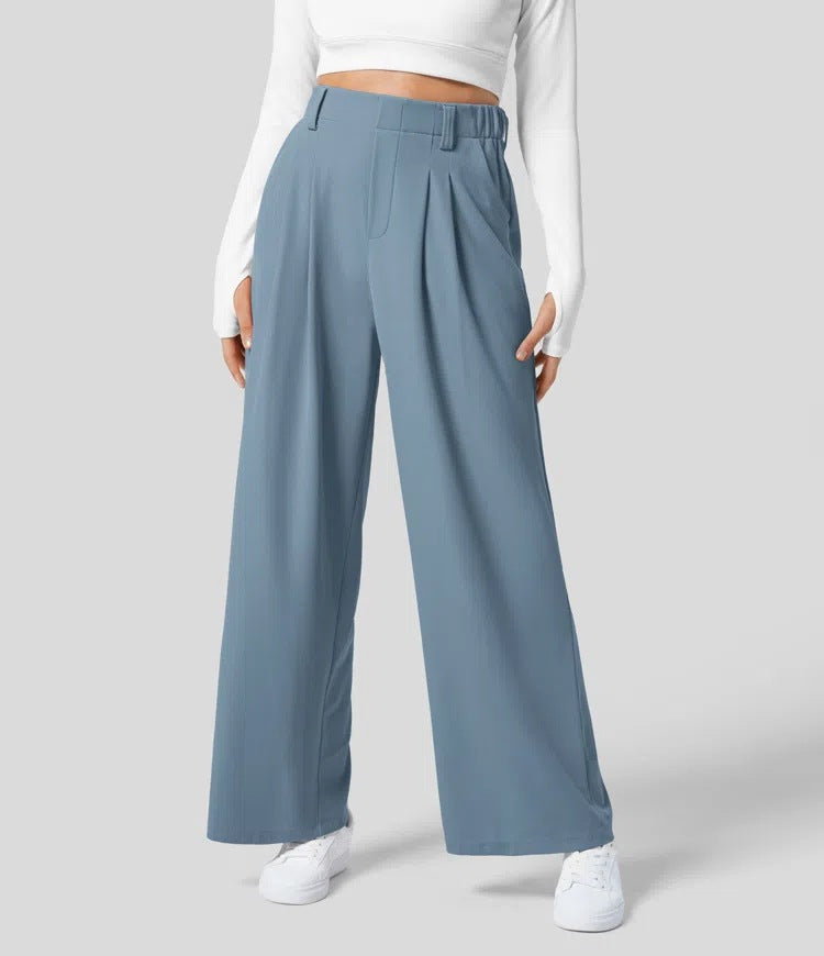 Women's High-Waisted Waffle Wide-Leg Work Trousers with Side Pockets – Comfy Casual Fit, Tummy Flattering Design, Ideal for Holiday Outfits 2025