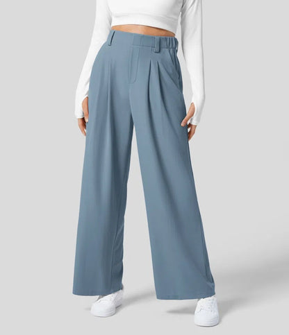 Women's High-Waisted Waffle Wide-Leg Work Trousers with Side Pockets – Comfy Casual Fit, Tummy Flattering Design, Ideal for Holiday Outfits 2025
