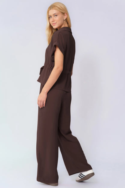 Versatile Collared Rolled-Up Short Sleeve Top & Wide Leg Trousers Co-ord