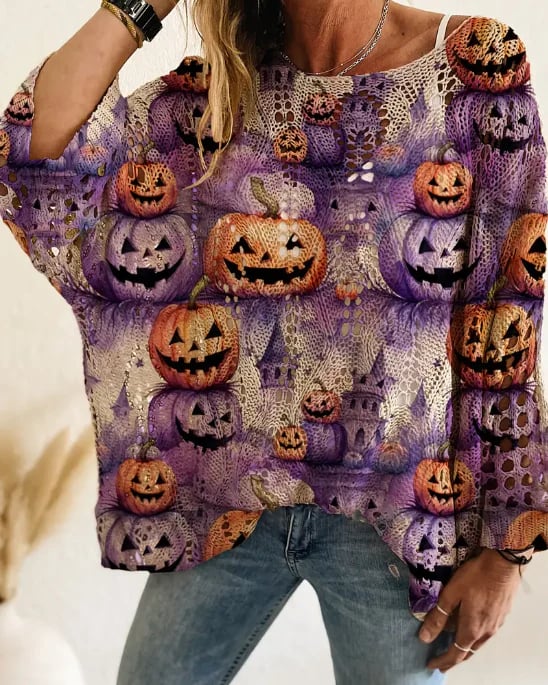 🎃Women's Halloween Pumpkin Print Long Sleeve Knit Top, Spring Summer Fall Wear