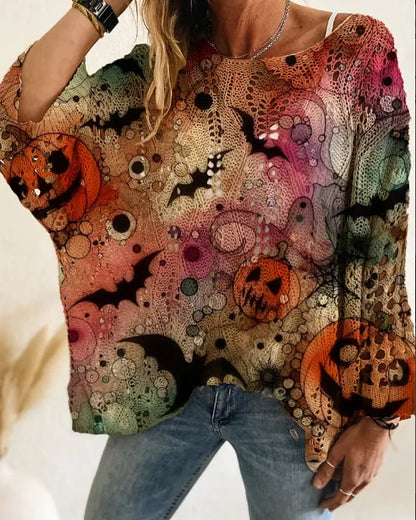 🎃Women's Halloween Pumpkin Print Long Sleeve Knit Top, Spring Summer Fall Wear