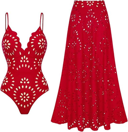 🩱Women's One Piece Bathing Suit Petal Hollow V Neck Swimsuit and Skirt