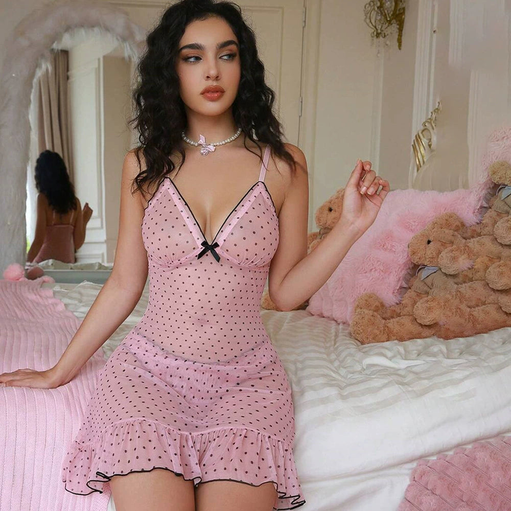 🌸 Sexy Pure Mesh Nightdress | Pink Polka Dot with Bow Straps