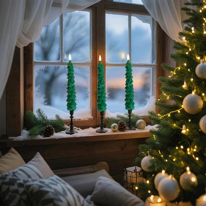 LED Green Tree Taper Candle Stick Set