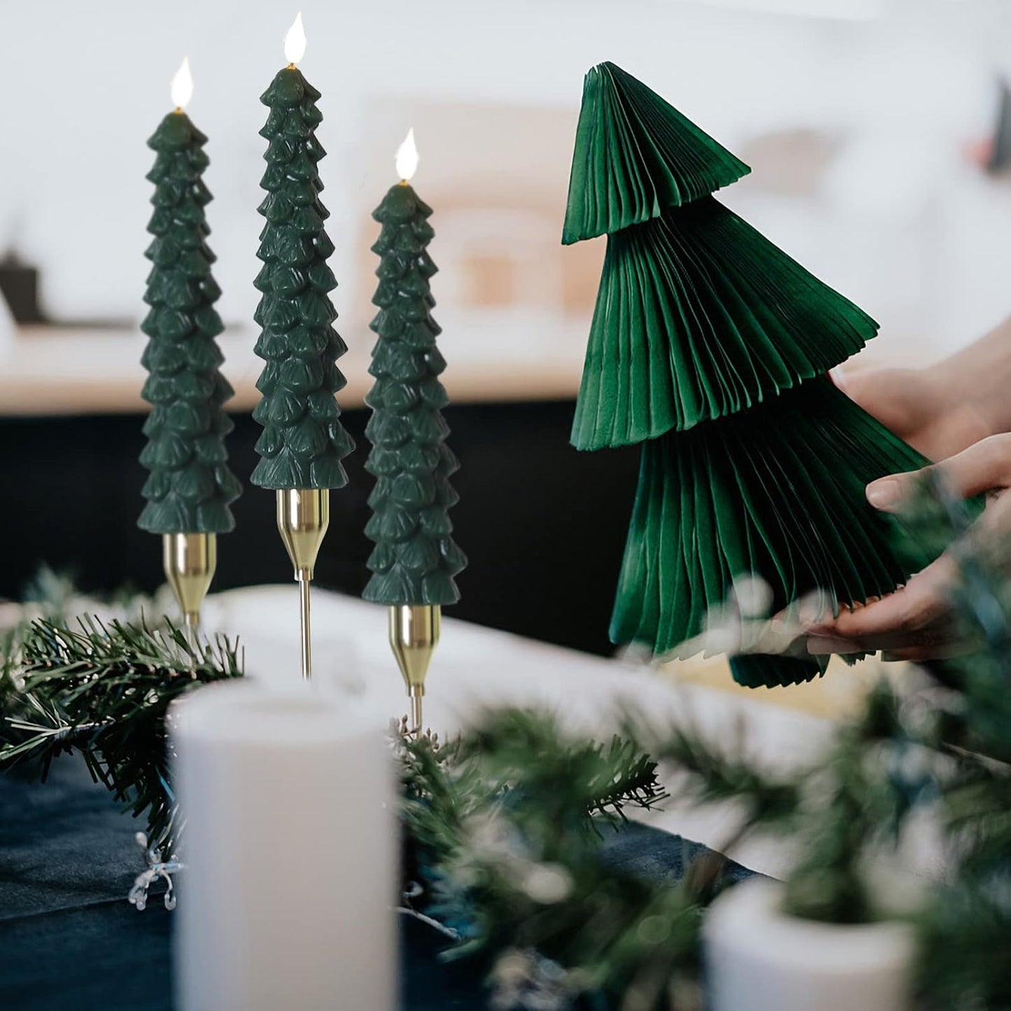 LED Green Tree Taper Candle Stick Set