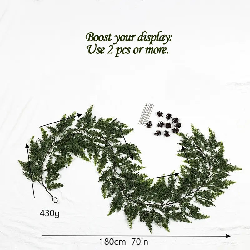 72" Artificial Cedar Garland with Pine Cones – Real Touch Greenery for Winter & Rustic Decor