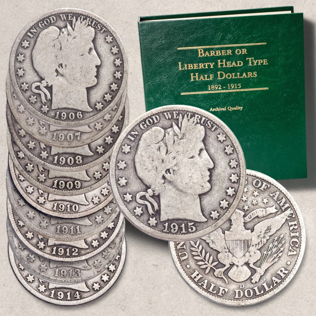 1906-1915 Barber Half Dollar Set (10PCS) VG 90% Silver