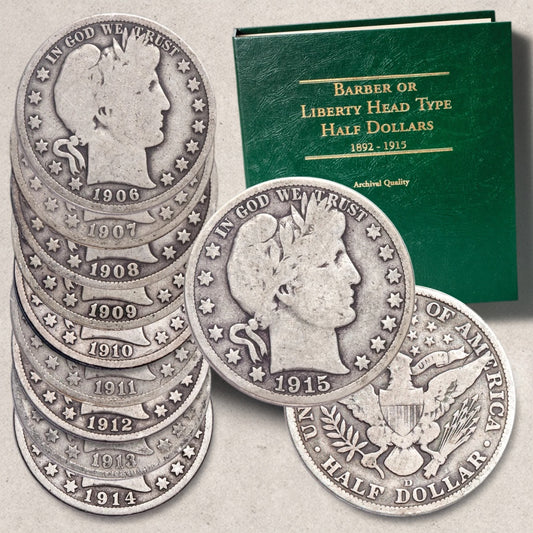 1906-1915 Barber Half Dollar Set (10PCS) VG 90% Silver