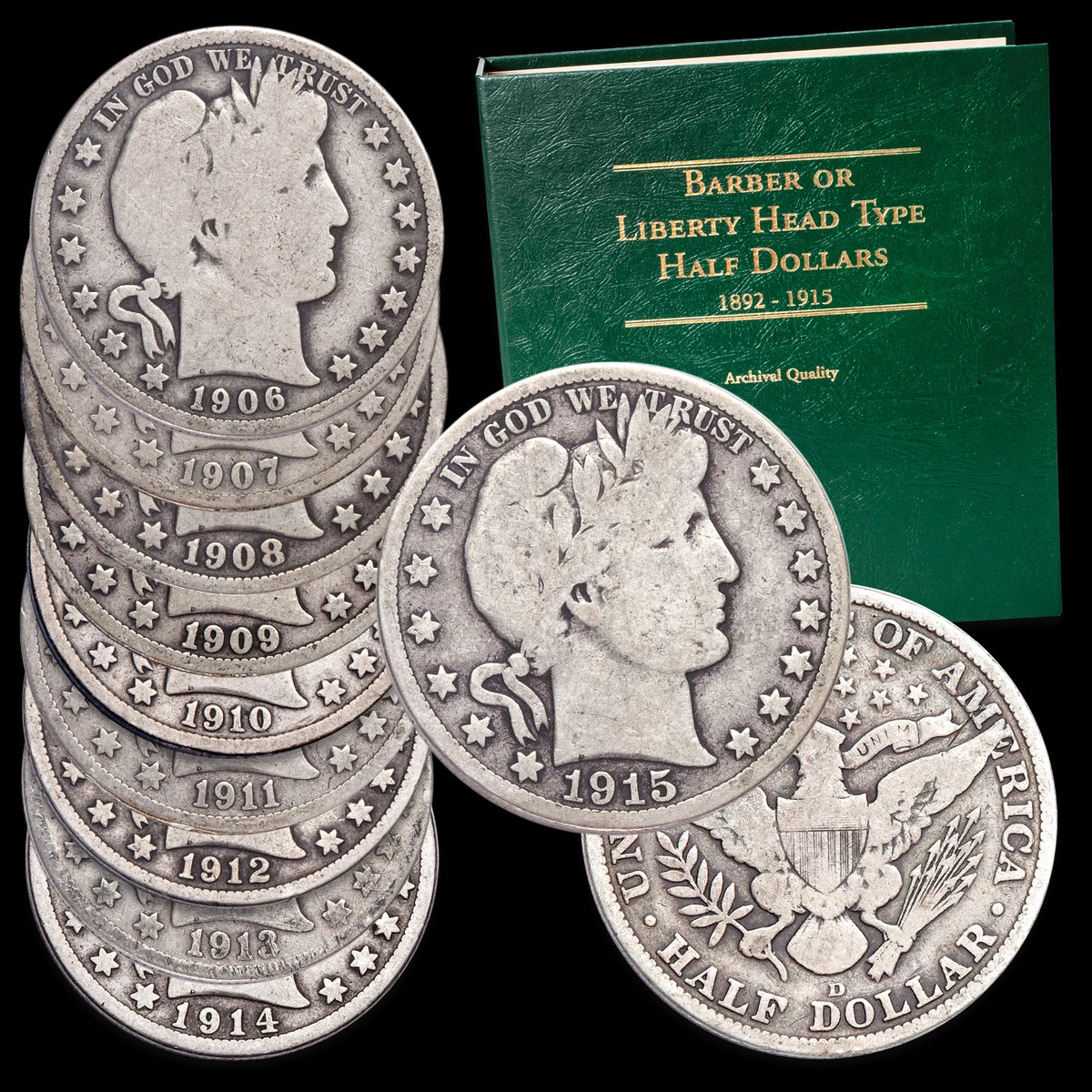 1906-1915 Barber Half Dollar Set (10PCS) VG 90% Silver