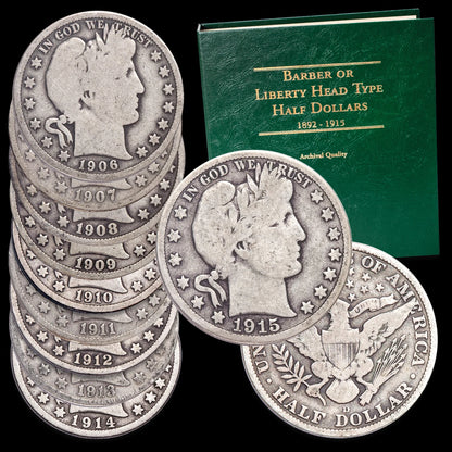 1906-1915 Barber Half Dollar Set (10PCS) VG 90% Silver