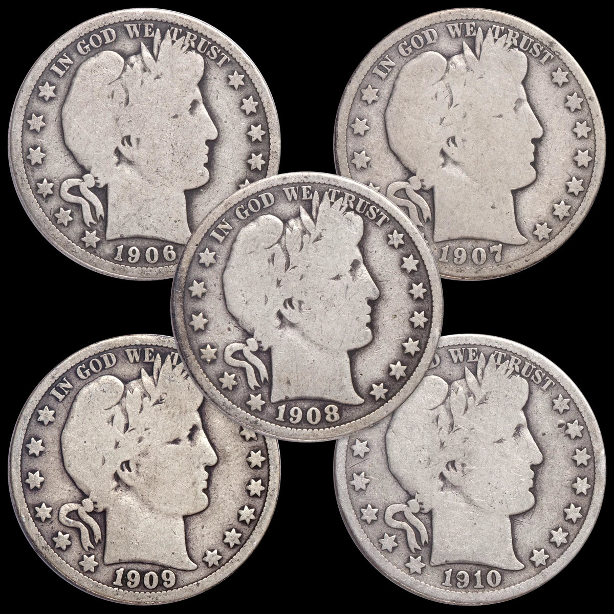 1906-1915 Barber Half Dollar Set (10PCS) VG 90% Silver