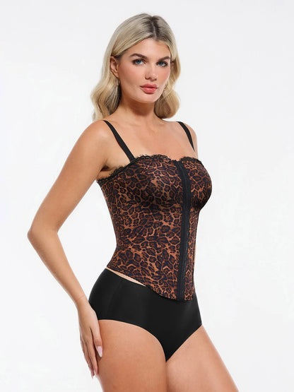 Bracurve X Angela Shapewear Sculpting Leopard Mesh Detachable Strap Corset Top