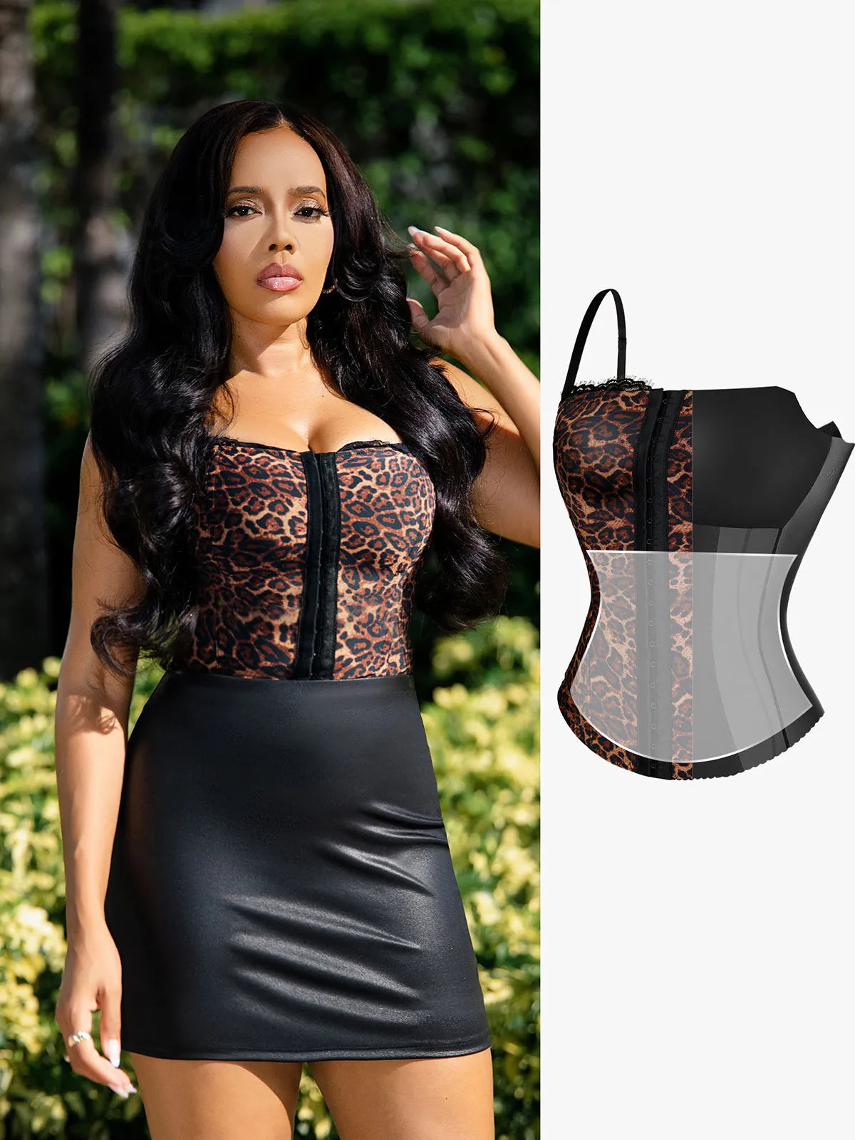Bracurve X Angela Shapewear Sculpting Leopard Mesh Detachable Strap Corset Top