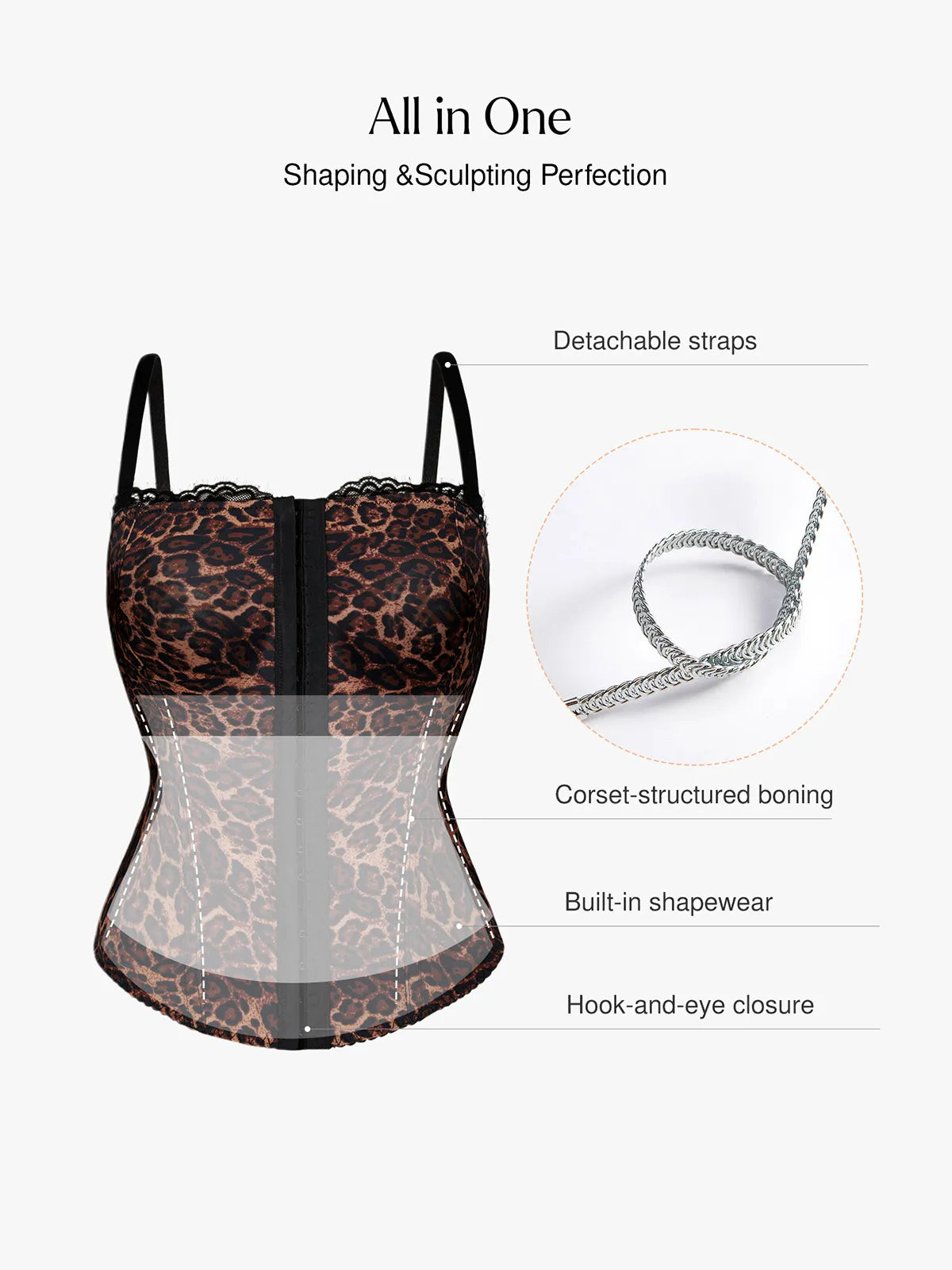 Bracurve X Angela Shapewear Sculpting Leopard Mesh Detachable Strap Corset Top