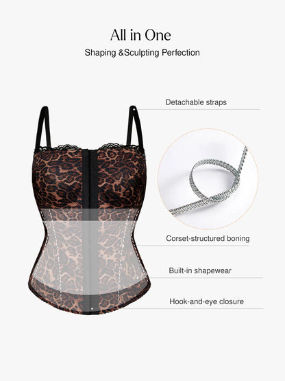 Bracurve X Angela Shapewear Sculpting Leopard Mesh Detachable Strap Corset Top