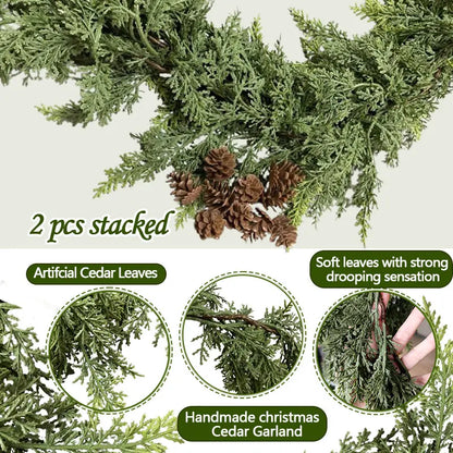 72" Artificial Cedar Garland with Pine Cones – Real Touch Greenery for Winter & Rustic Decor
