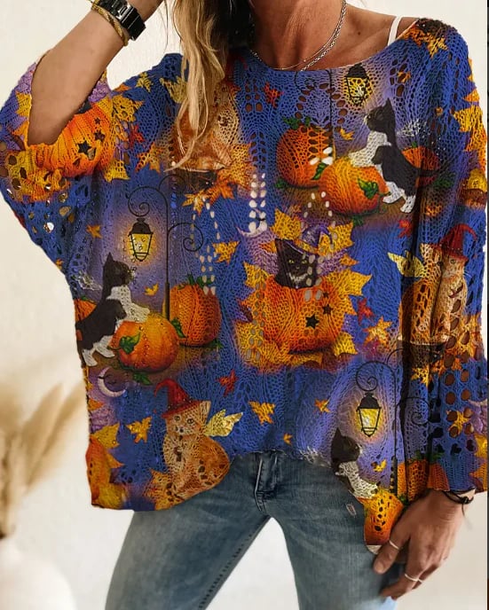 🎃Women's Halloween Pumpkin Print Long Sleeve Knit Top, Spring Summer Fall Wear